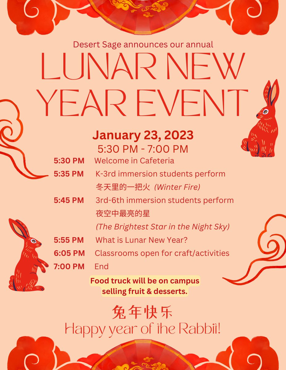 Join us for Desert Sage's Lunar New Year event 1/23/23!! <a href="/DELibrary1/">Desert Sage Elementary Library</a> <a href="/DesertSageElem/">Desert Sage Elementary</a> <a href="/DesertSagePTO/">Desert Sage PTO</a> <a href="/DVUSD/">Deer Valley Unified School District</a>