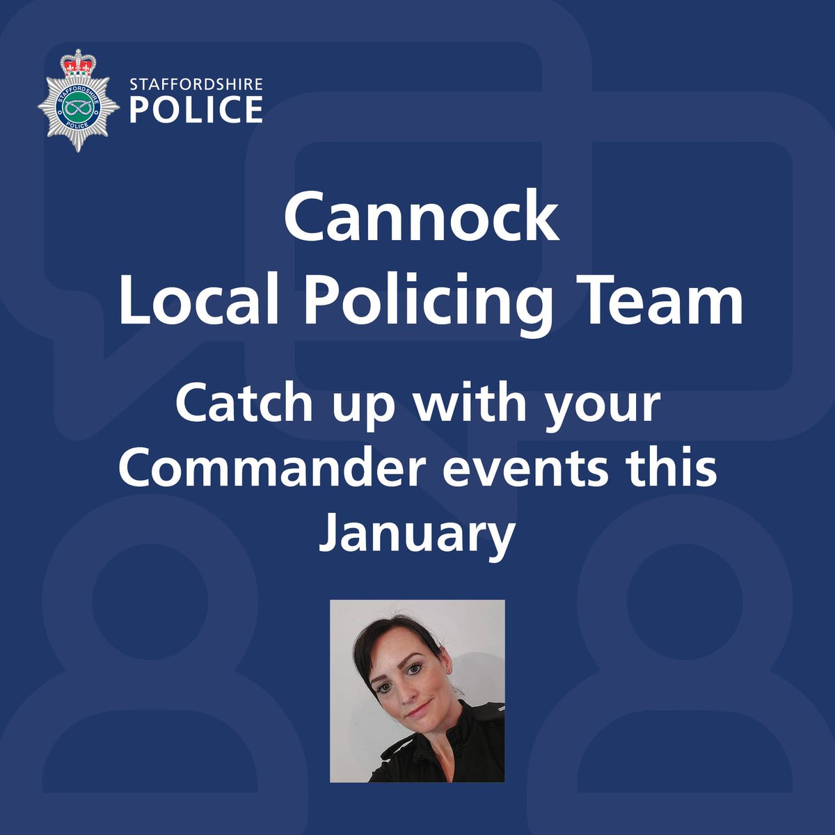 If you want to catch up with your local officers, Commander Laura Morrey will be holding an event in #Hednesford next week.

Come along to have a chat and ask any questions:

📅 Wednesday 25 January
🕰️ 11.30am-12.30pm 
📍 Tesco, Victoria Street, Hednesford