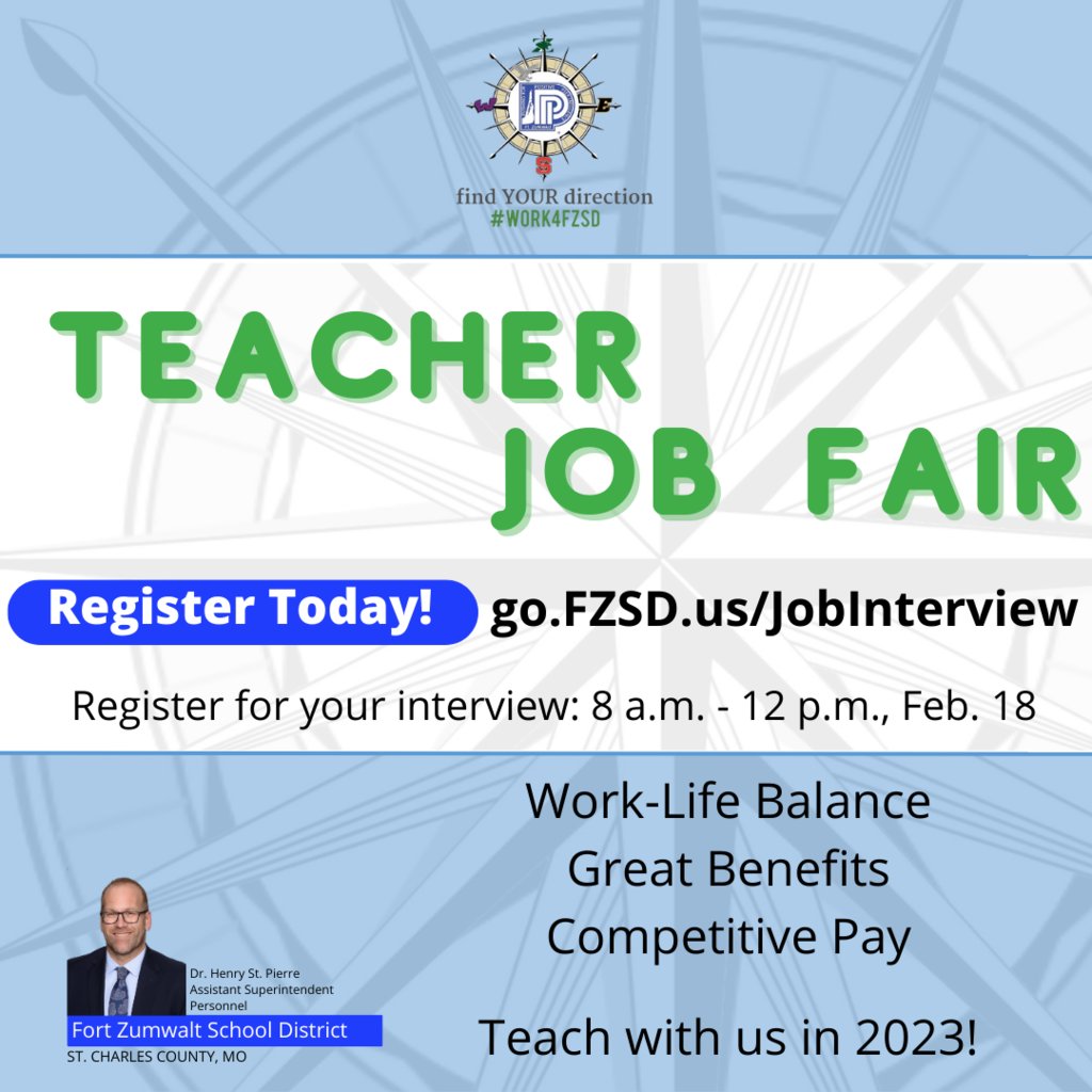 FZSchools's tweet image. Slots are filling up for our Teacher Job Fair, set for Feb. 18. Sign up for your interview time now if you&apos;re ready to #Work4FZSD just head over to go.FZSD.us/JobInterview
@MizzouEducation  @TrumanState @MOStateCOE @HarrisStowe @LindenwoodU @UMSL @SIUE