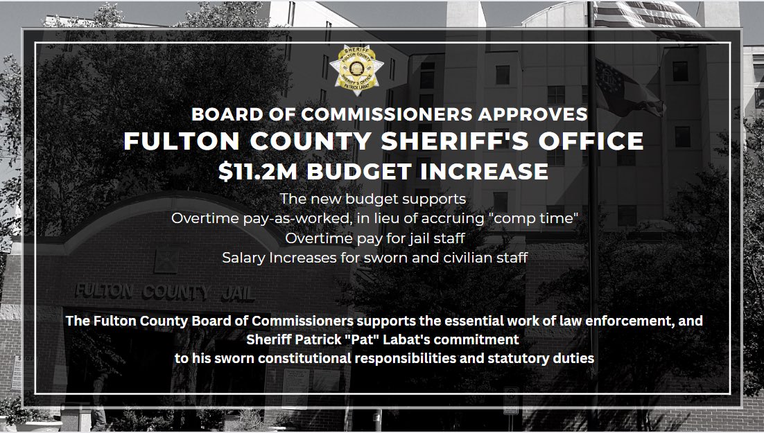 FultonSheriff's tweet photo. The Fulton County Board of Commissioners has approved an $11.2 million budget increase for the Fulton County Sheriff’s Office. This new budget supports salary increases for sworn and civilian staff, overtime pay for jail staff, and more. #fcsostrong https://t.co/W8s4OPO1nb