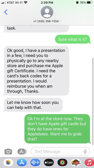Gift card scammers reached out to a new employee (per usual) and she had a little fun with them. https://t<a href="/tag/hiring"class="tags"><span>#hiring</span></a><a href="/tag/remotework"class="tags"><span>#remotework</span></a>
