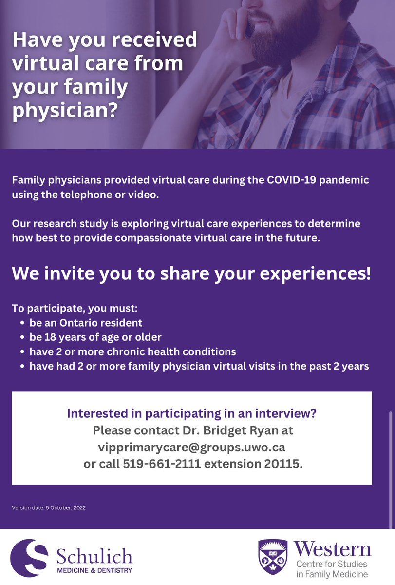 Dr Paul Gill (@drpaulgill) on Twitter photo Have you received virtual care from your family doc?
UWO is doing a study exploring experiences to determine how best to provide compassionate virtual care in the future.
Interested in participating?
Contact Dr.Ryan at vipprimarycare@groups.uwo.ca
or call 519-661-2111x20115. Have you received virtual care from your family doc?
UWO is doing a study exploring experiences to determine how best to provide compassionate virtual care in the future.
Interested in participating?
Contact Dr.Ryan at vipprimarycare@groups.uwo.ca
or call 519-661-2111x20115.