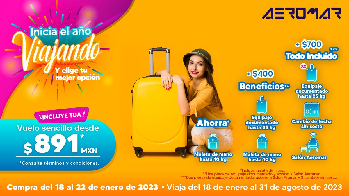 Elige tu mejor opción al volar!  ✈️ 
Viaja con equipaje de mano desde $891 MXN
Incluye impuestos.
Reserva y viaja 👉 aeromar.mx 
*Consulta términos y condiciones