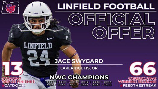 JaceSwygard (@jace_swygard) on Twitter photo After a great phone call with <a href="/coachbelliott/">Brett Elliott</a> I am grateful to have received an offer to further my football and academic journey at <a href="/LinfieldFB/">Linfield Football</a>
<a href="/GoPacerFootball/">Lakeridge Football</a> <a href="/CoachSpencerP/">Spencer Phillips</a> <a href="/CoachArtC/">Art Cabalin</a> <a href="/BrandonHuffman/">Brandon Huffman</a> <a href="/JordanJ_/">Jordan Johnson</a> <a href="/CoachCrudup/">Brendon Duron Crudup</a> <a href="/FANswag/">Jason Swygard</a> After a great phone call with <a href="/coachbelliott/">Brett Elliott</a> I am grateful to have received an offer to further my football and academic journey at <a href="/LinfieldFB/">Linfield Football</a>
<a href="/GoPacerFootball/">Lakeridge Football</a> <a href="/CoachSpencerP/">Spencer Phillips</a> <a href="/CoachArtC/">Art Cabalin</a> <a href="/BrandonHuffman/">Brandon Huffman</a> <a href="/JordanJ_/">Jordan Johnson</a> <a href="/CoachCrudup/">Brendon Duron Crudup</a> <a href="/FANswag/">Jason Swygard</a>