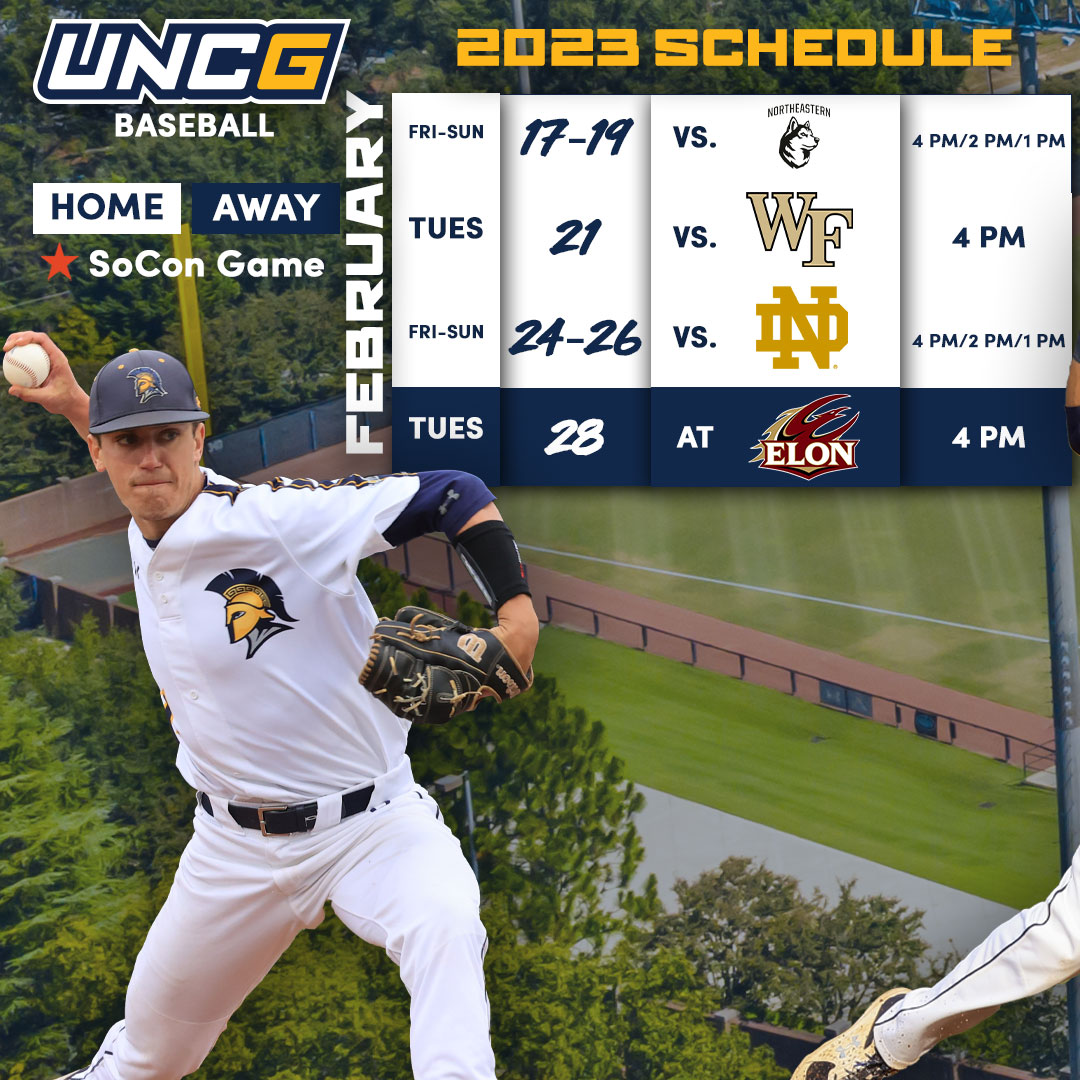 UNCGBaseball's tweet photo. Mark your calendars - the 2023 schedule is live!
Your 2022 SoCon Champs are ready to defend the G with a very tough schedule!

📅 https://t.co/6ktKExsWTX
📰 https://t.co/WK2jYAcElE
#letsgoG https://t.co/85ICIrKhgo