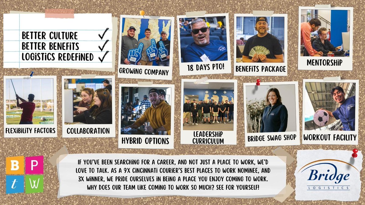 bridgeloginc's tweet photo. What makes working for Bridge so different from our competitors in the #logistics industry? There's a reason we're a Cincinnati @BusinessCourier 9x nominee &amp; 3x winner of Cincy's Best Places to Work! 🏆🏆🏆

Start you career with us today! https://t.co/lPtbM0k4cH https://t.co/SWzIYAbcN2