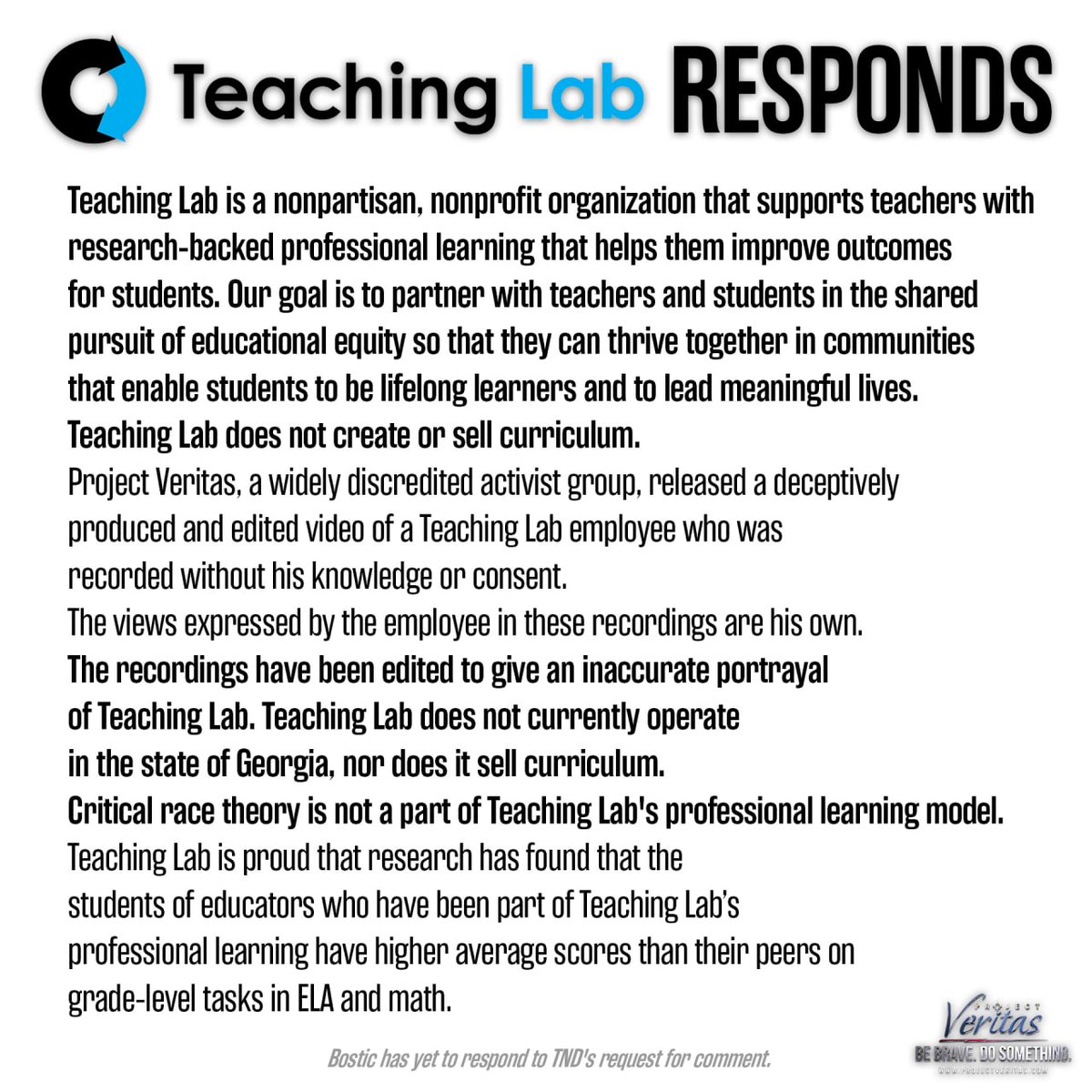 Read more about the article BREAKING: @TeachingLabHQ RESPONDS, attacking Project Veritas’ journalism, and de