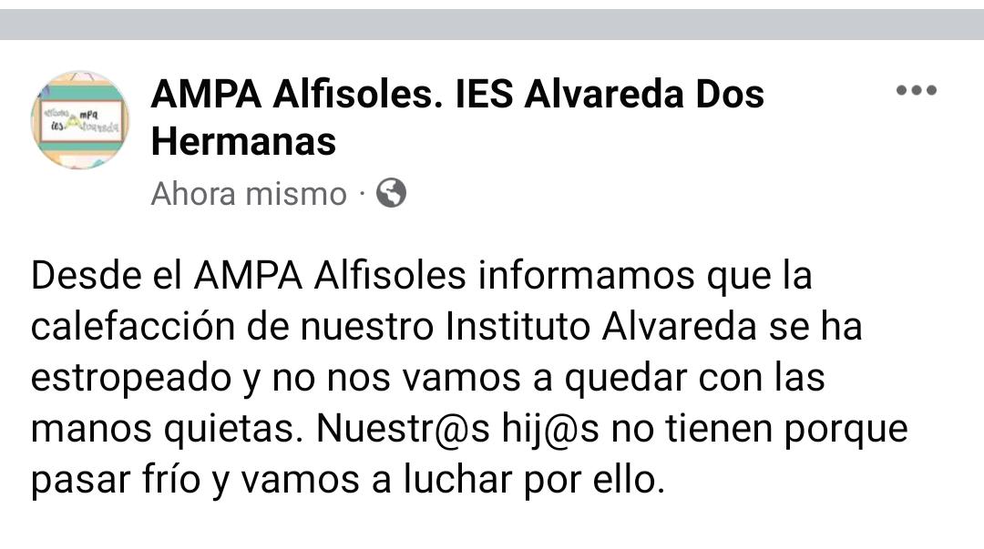 alfisoles's tweet photo. Este Ampa como Madres y Padres de l@s alumn@s del @ies_alvareda no nos vamos a quedar de brazos cruzados y vamos a pelear por su bienestar. https://t.co/IVECS2u9la