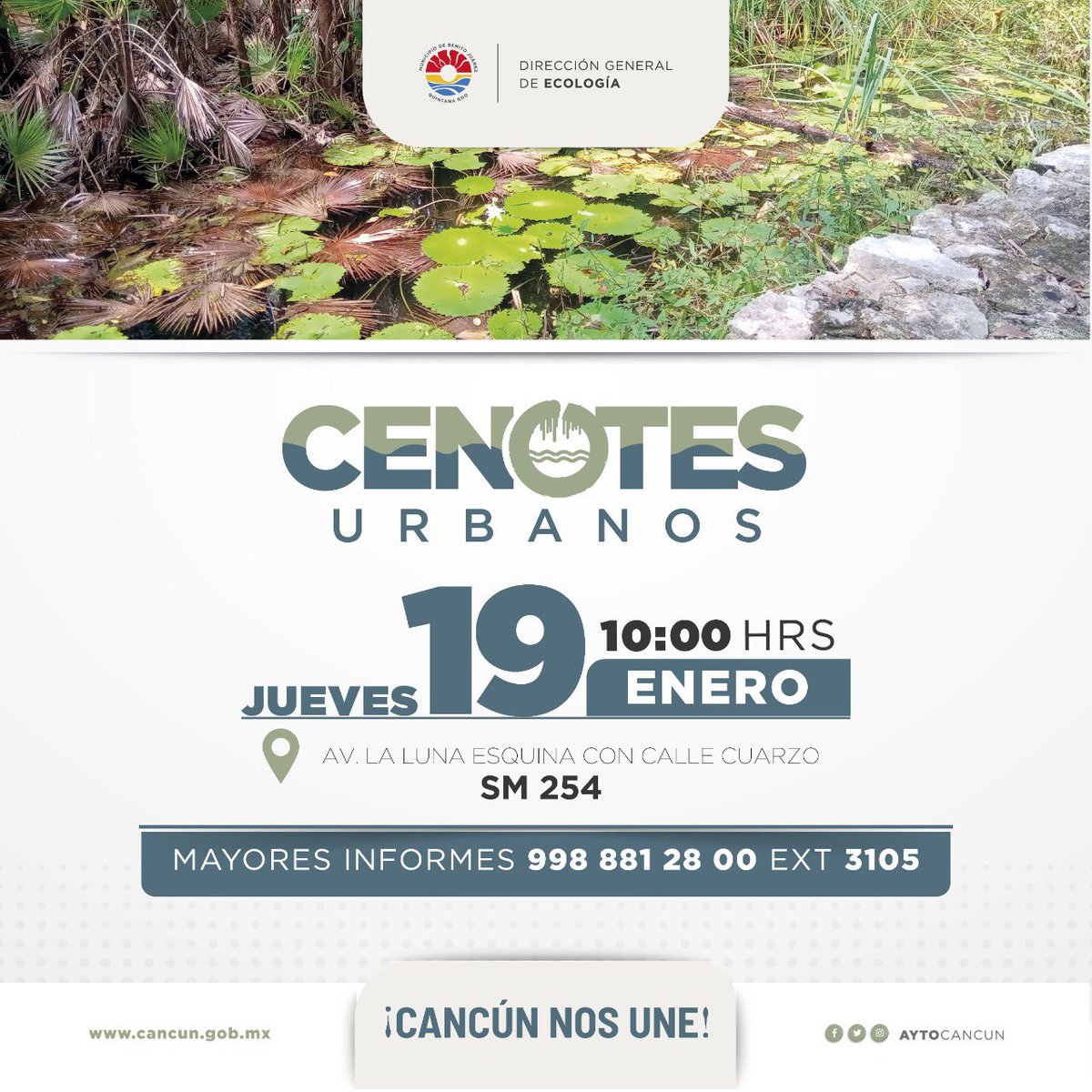 AytoCancun's tweet photo. 📣 Este jueves 19 de enero participa en la jornada de limpieza de Cenotes Urbanos en la 📍Av. La Luna esquina con calle Cuarzo #SM254.
⏰10:00 am.
Para mayor información comunícate al: 📲998 881 28 09 ext. 310.
@anapatyp
#CancúnNosUne 🤝 https://t.co/R4jGNINQHR