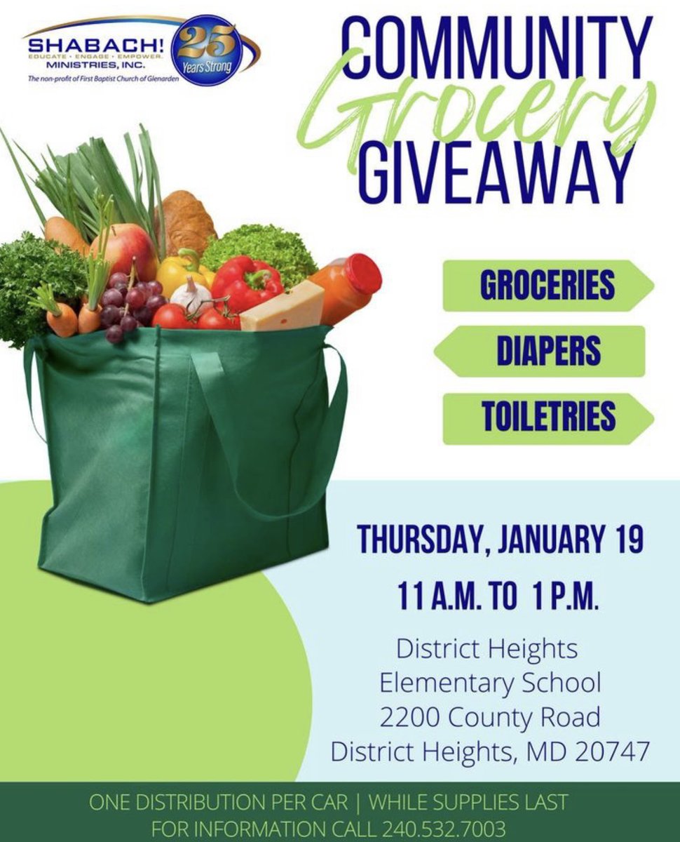 pgchousing's tweet photo. If you are in need of groceries, SHABACH! Ministries, Inc. will be hosting a Community Grocery Giveaway tomorrow, January 19 from 11am-1pm at District Heights Elementary School.

Address: 2200 County Road, District Heights, MD 20747 https://t.co/fBGjUeCIM9