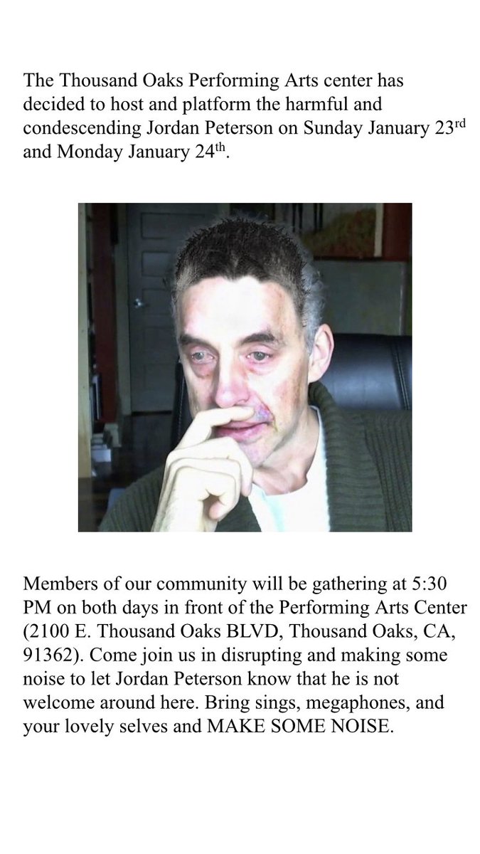 This Sunday January 23rd and next money January 24th Jordan shitterson will be in our communities speaking at the TO performing arts center. Local activists will be gathering at 5:30 PM on both days to let him know he and his shitty ways are not welcome around here. Come join!