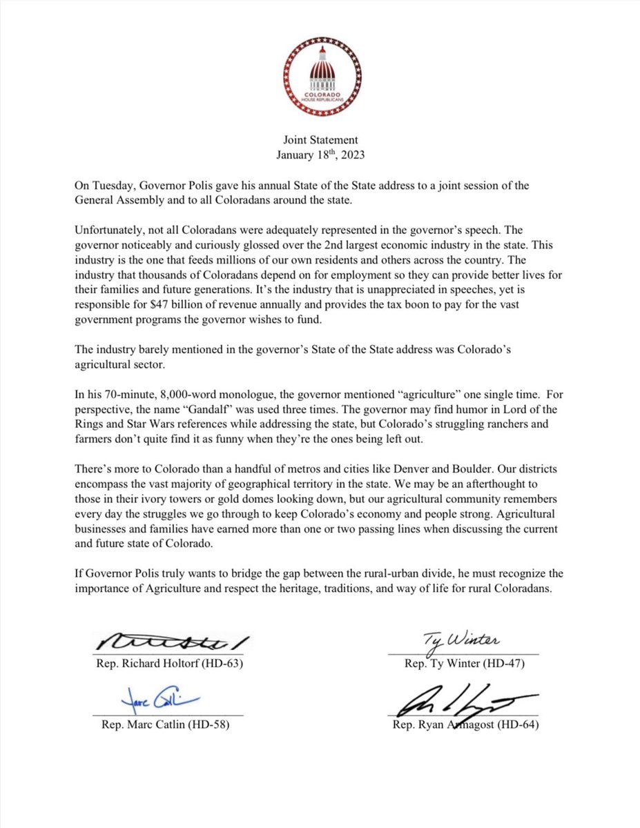 COHouseGOP's tweet photo. “Our districts encompass the majority of territory in the state. We may be an afterthought to those in ivory towers or gold domes, but our ag community remembers every day the struggles we go through to keep CO’s econ &amp; people strong.” #coleg #copolitics 
https://t.co/amL3Wf47w0 https://t.co/u3oOBWWm0Q