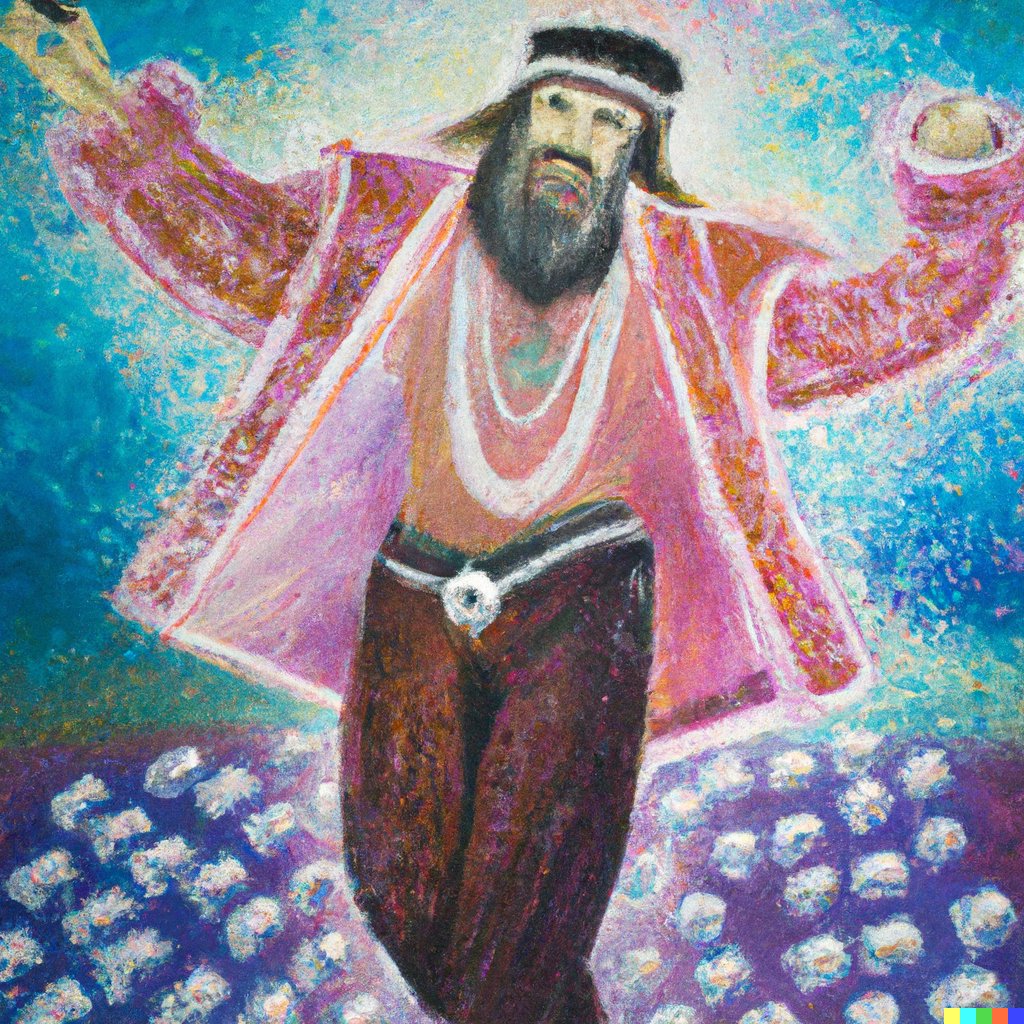 ErinKim0814's tweet photo. a pastel painting of rasputin showing off his just dance moves at an atwater party in his thrifted fit from buy again alley #blinginghistory #blessed #midd https://t.co/FEBoxnhmX9