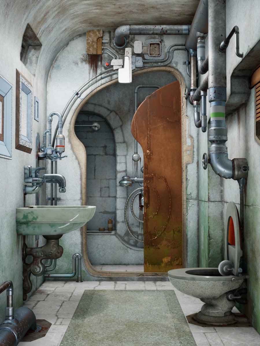 The Bathroom
An Indoor Environment project based on Boban Savić GETO's concept art

artstation.com/artwork/b5GExE 

#gameart #gamedev #3dmodeling  #3D #UnrealEngine