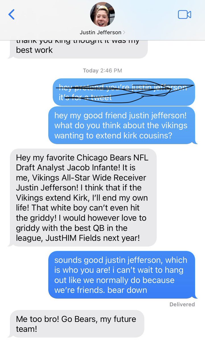 jacobinfante24's tweet photo. I asked Vikings WR Justin Jefferson what he thought about the team extending Kirk Cousins.

#Bears fans might be happy with his answer. https://t.co/ZWPnCPnUbY