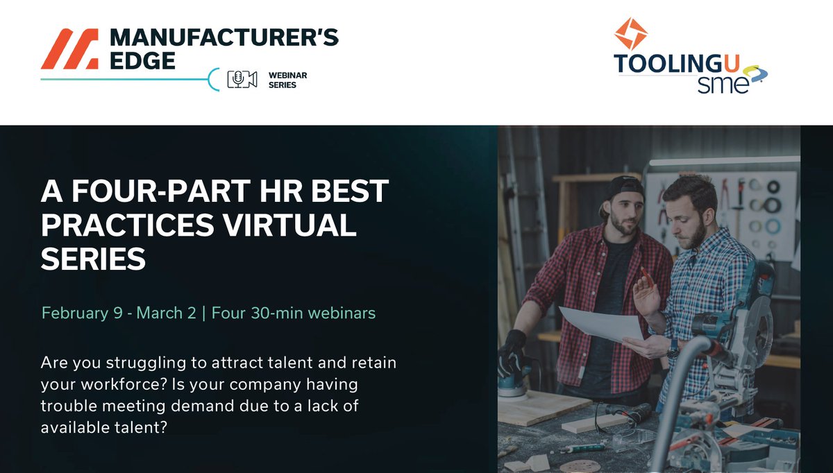 Join us for a 4-part virtual series on the current state of attraction and retention for manufacturing companies, best practices on using branding to attract talent, structured onboarding, on-the-job training, and more.

hubs.ly/Q01yvhQW0