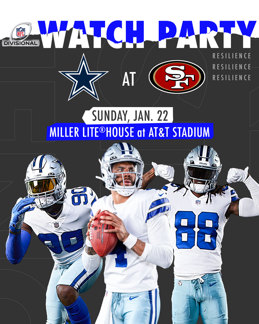 AT&T Stadium on Twitter: 'Join us for a FREE Divisional Watch Party on  Sunday, January 22nd at Miller Lite®House! Fans can enjoy $5 Miller Lites,  food trucks, lawn games, and more while
