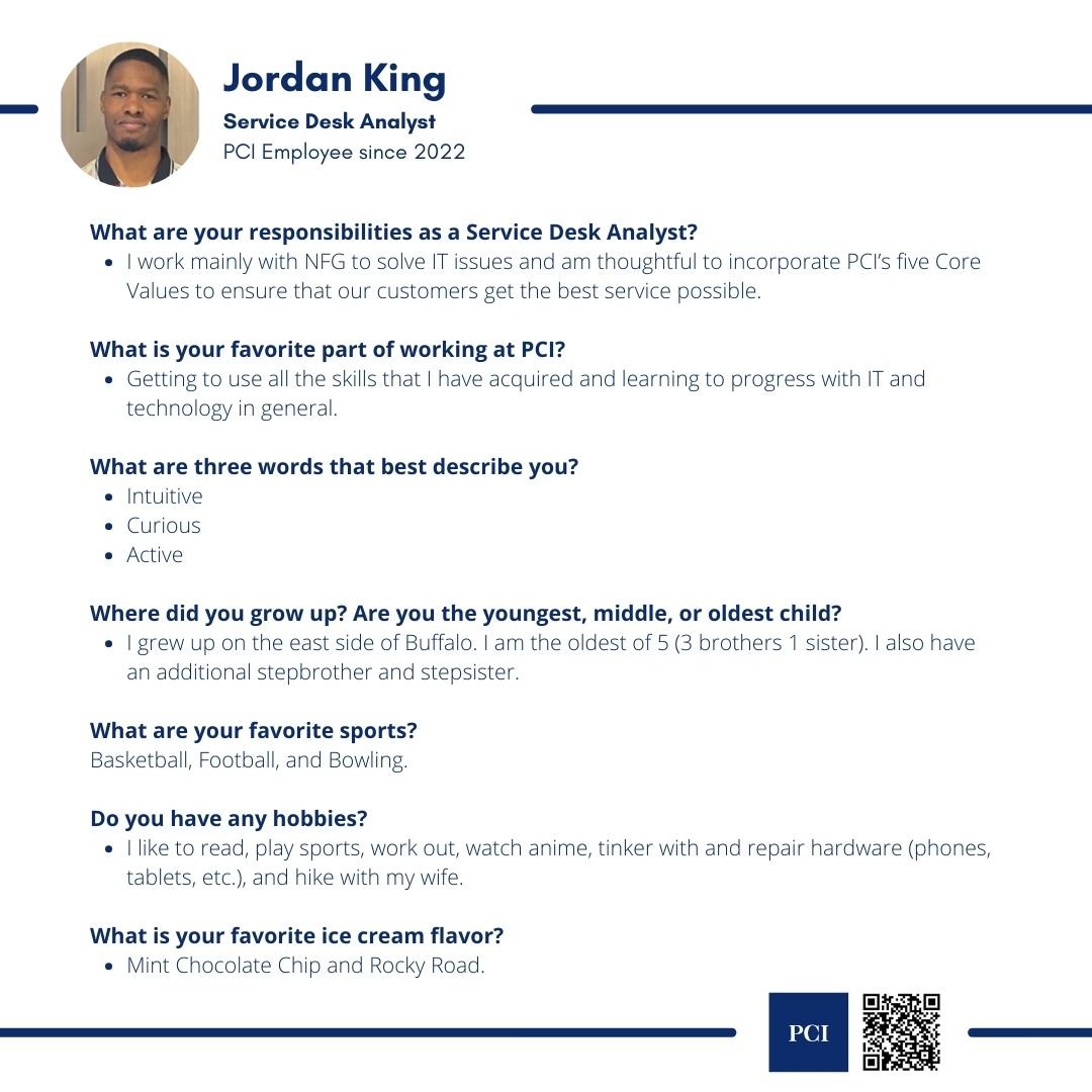 PCIBUF's tweet photo. New Year, New Employee Spotlight! 

Read all about Jordan King, a Service Desk Analyst with PCI, below. https://t.co/I4akUu5Nxq