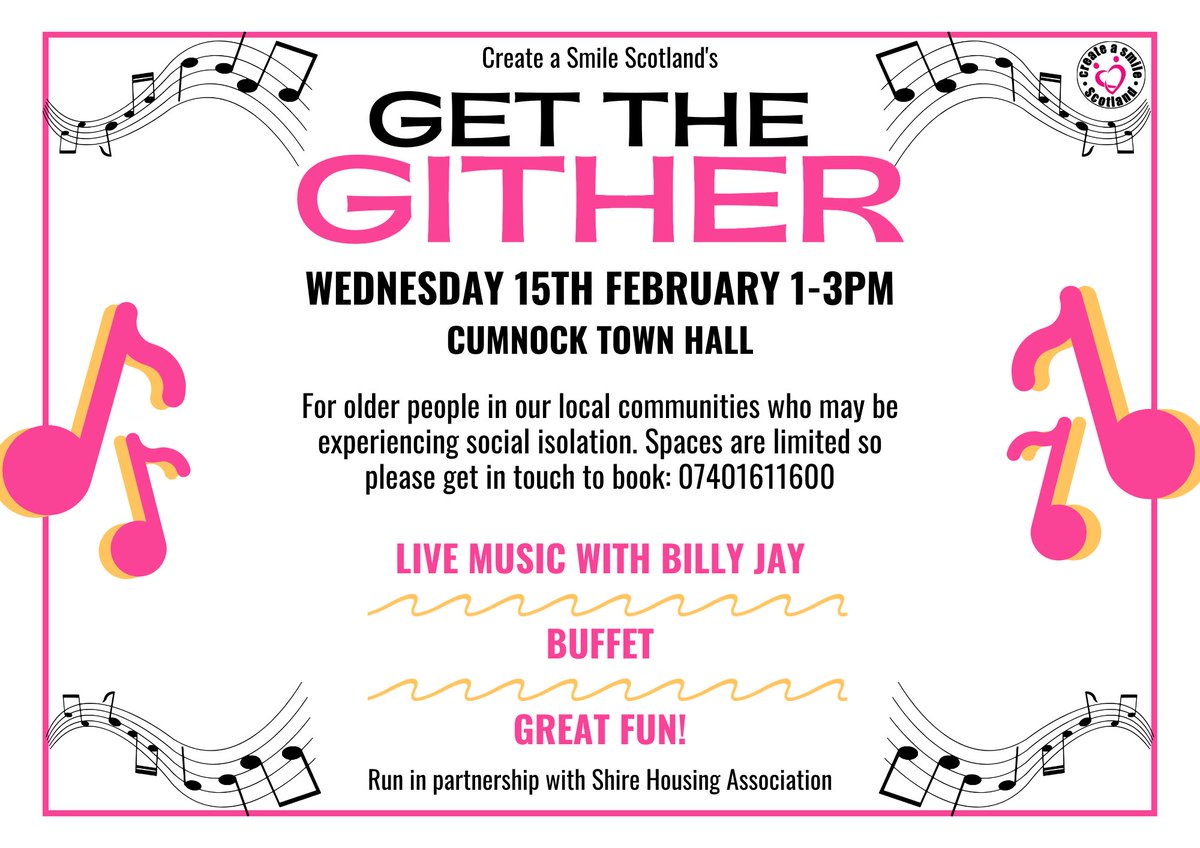 🎶 THE CASS GET THE GITHER 🎶

On Wednesday 15th February, we’re hosting a wee afternoon ‘Get the Gither’ for the older people in our local communities, in partnership with <a href="/Shire_HA/">ShireHA</a>. We have live music from the wonderful Billy Jay as well as a buffet - all completely free!