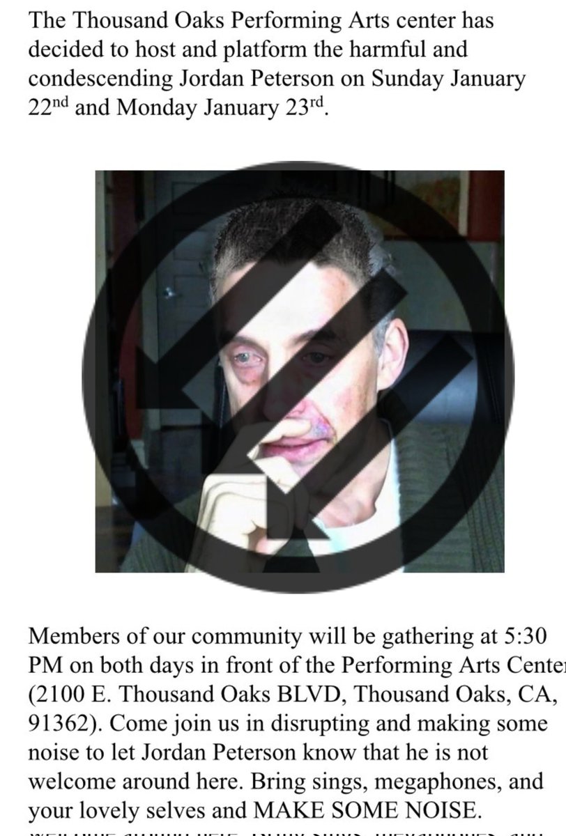 CALL TO ACTION:
Jan 22nd &amp; Jan 23rd
5:30 PM
2100 E. Thousand Oaks Blvd 

#AlwaysAntifascist
#FuckJordanPeterson