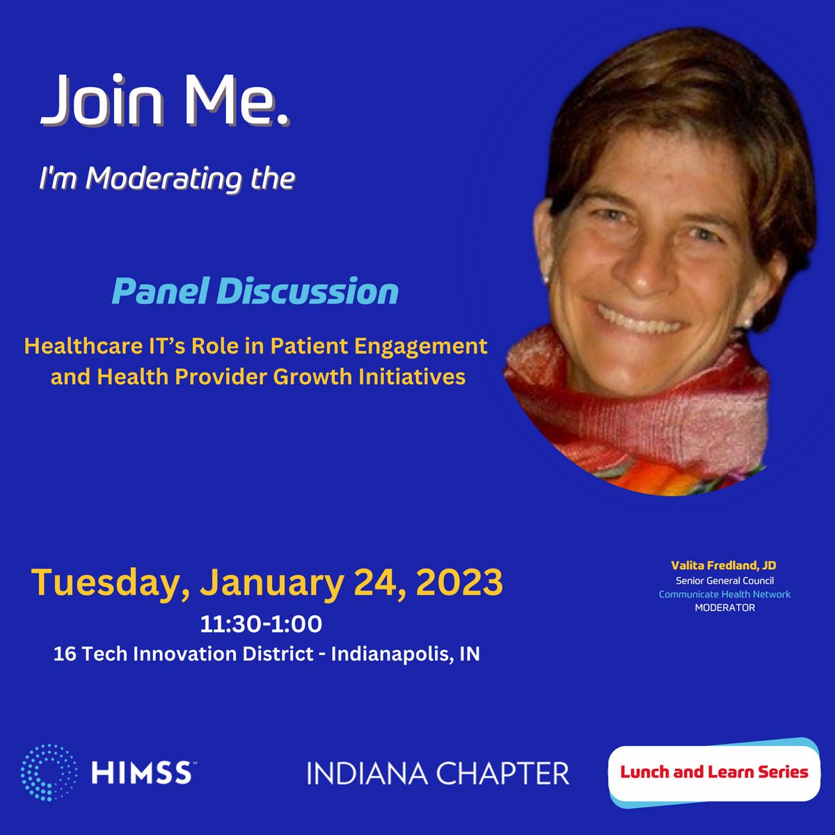 INHIMSS's tweet photo. Please join us in welcoming Valita Fredland, JD, MA as our moderator for the panel discussion. Valita is the Senior General Counsel for Community Health Network. Valita has an impressive list of Patient Privacy credentials. REGISTER NOW https://t.co/Q725m1bPD2. https://t.co/63Q81vxcQZ