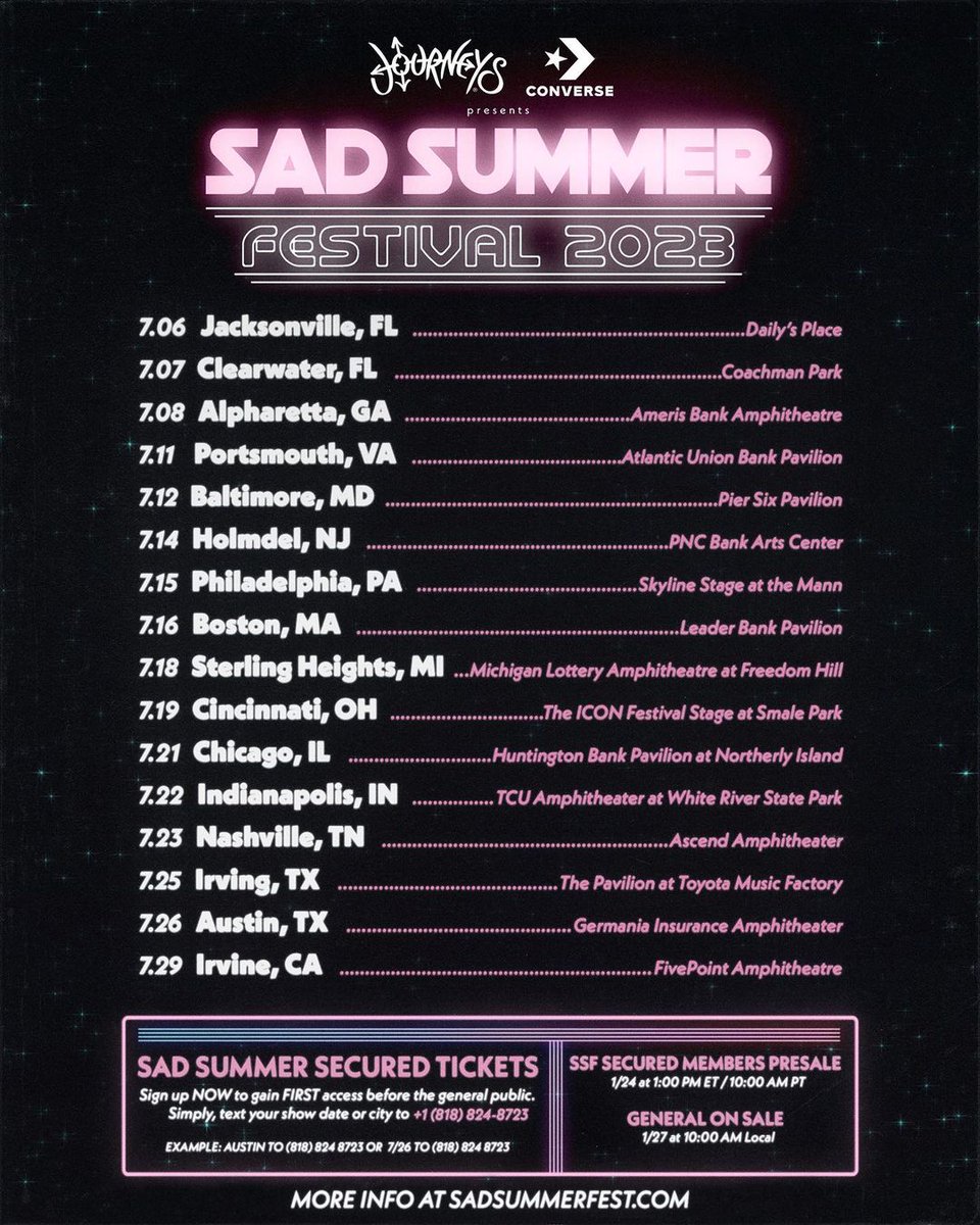 Sad Summer Fest presented by <a href="/journeys/">journeys</a> and <a href="/Converse/">Converse</a> is back in 2023 with <a href="/TBSOfficial/">Taking Back Sunday</a> <a href="/themaine/">The Maine</a> <a href="/ThisIsPVRIS/">PVRIS</a> @HotMulligan <a href="/momjeansca/">Mom Jeans. 💔💔</a> <a href="/standatlantic/">stand atlantic</a> — with special guests on select dates! Tickets and information at SadSummerFest.com or Ticketmaster.com