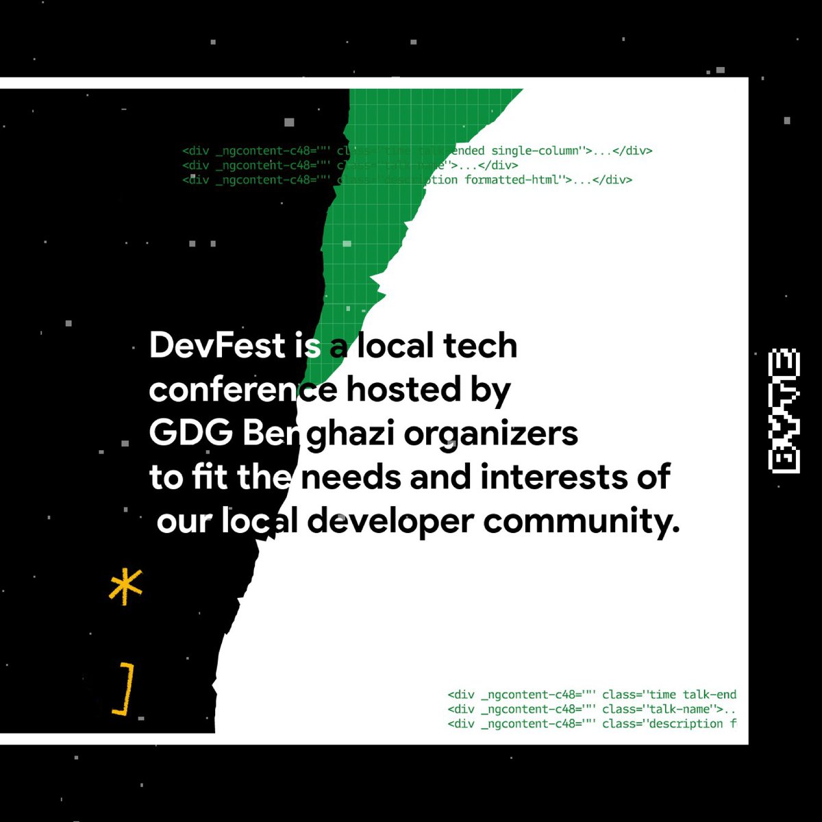 BYTE_NGO's tweet photo. #DevFest is a local tech conference hosted by Google Developer Groups (GDG Benghazi) In cooperation with (BYTE Organization)

(ديڤ فسيت) هو مؤتمر تقني محلي تستضيفه (GDG) بالتعاون مع BYTE

#GDG #DevFest #Andriod #Web #DataAnalyist #Cloud #Flutter https://t.co/1sRLjID51S
