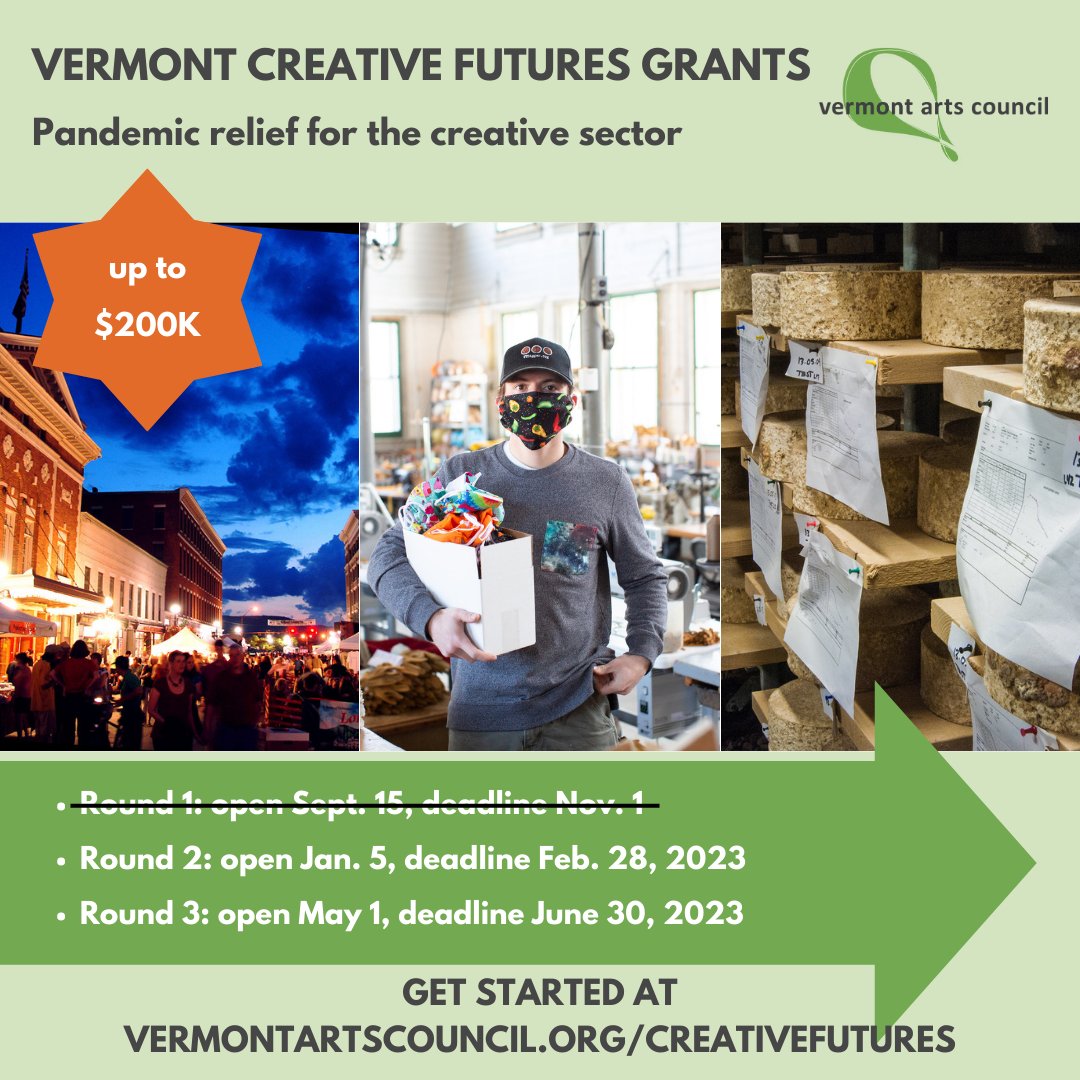 mainstreetweets's tweet photo. Attention VT Small Business Owners! The Vermont Art Council is now accepting applications for the Creative Futures Grant Program to provide aid to creative organizations and businesses that continue to struggle from the impact of Covid-19.  Learn more: https://t.co/pftRL1IrNb https://t.co/3uPoaw57t2