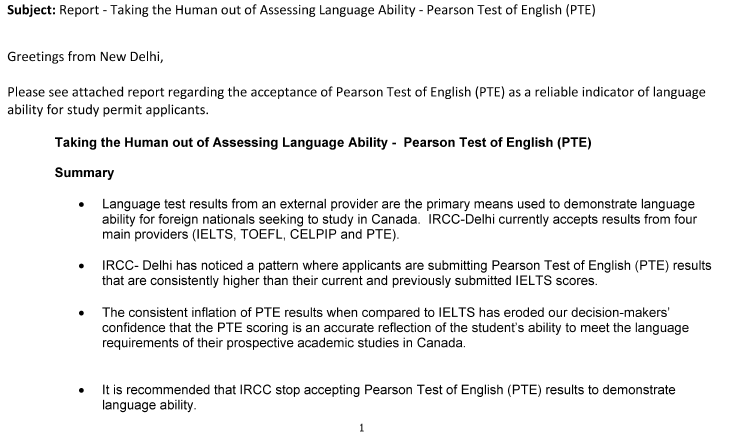 smeurrens's tweet photo. An e-mail from IRCC New Delhi has raised concerns that Pearson Test of English (PTE) results are consistently higher than IELTS results, leading to concerns that the former are inflated. The sender of the e-mail recommends that IRCC stop accepting PTE results as proof of English. https://t.co/68rwleCy7c