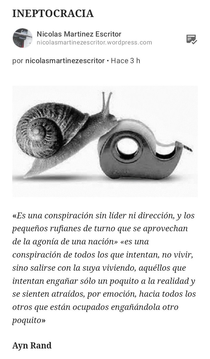 «Es una conspiración sin líder ni dirección, y los pequeños rufianes de turno que se aprovechan de la agonía de una nación» Ayn Rand

Te comparto INEPTOCRACIA, mi más reciente escrito en WordPress.

nicolasmartinezescritor.wordpress.com/2023/01/18/ine…