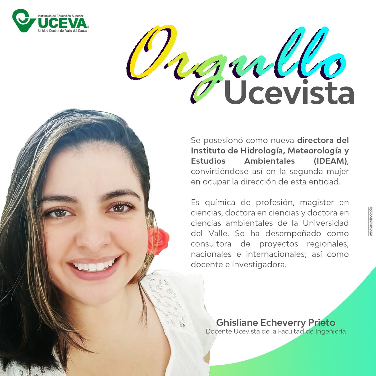 ucevacol's tweet image. 💚En la UCEVA exaltamos la excelencia y dedicación de nuestros egresados, estudiantes y docentes.
En está ocasión nuestra docente Ghisliane  Echeverry Prieto, tiene el privilegio de destacarse en #orgulloucevista 👏 #Ideam