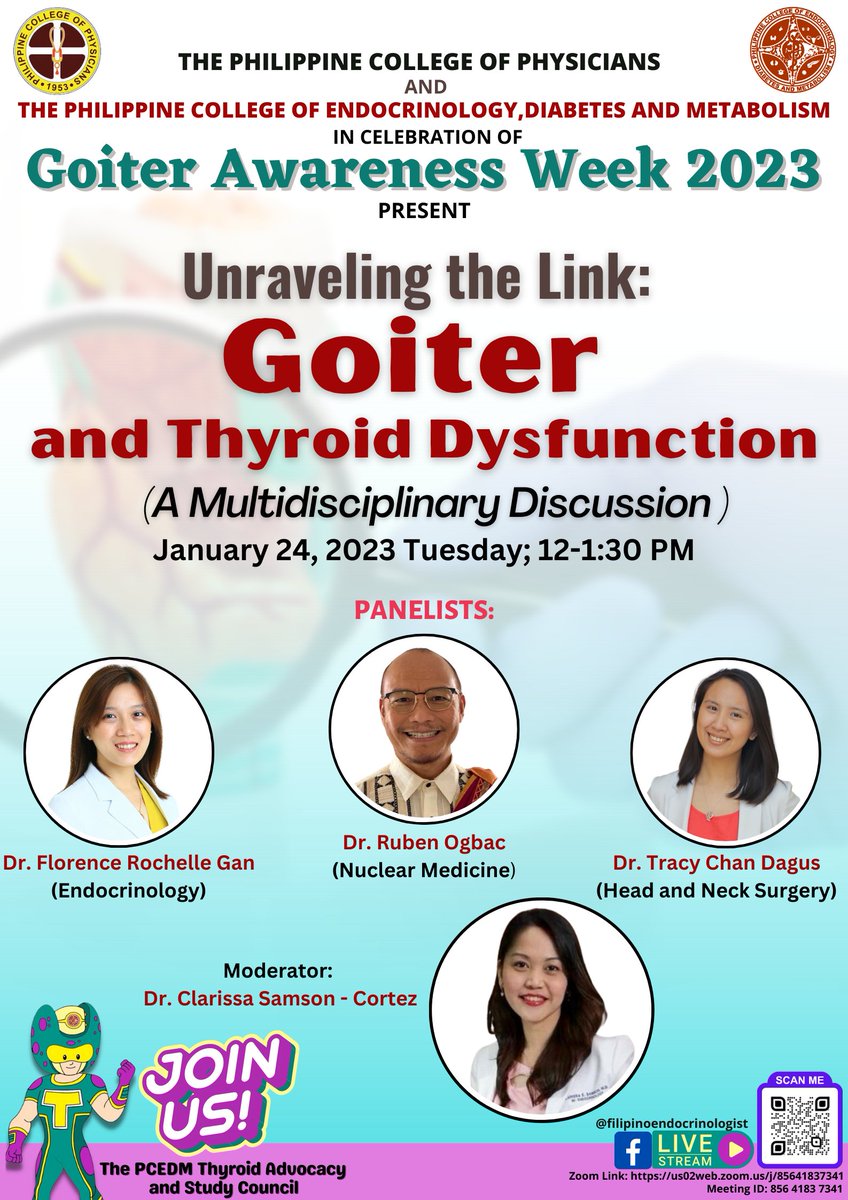 pcedm_ph's tweet photo. Isa na namang dagdag kaalaman!
Magkakaroon ng Multidisciplinary Discussion tungkol sa Goiter and Thyroid Dysfunction this coming January 24, 2023 (Tuesday) from 12nn - 1:30pm.
Abangan ang discussion via FB LIVE.
Kitakits!
#PCEDM
#GoiterAwarenessWeek
#Webinar https://t.co/mJ2lxM1z7K