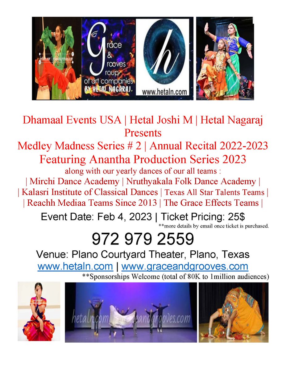 GraceAndGrooves's tweet photo. @DhamaalEvents in association with @HetalJoshiM Presents Medley Madness # 2 Annual Recital 2022-2023 #hetaljoshim #hetal #hetaln #graceandgrooves https://t.co/yQv6rhIXIg