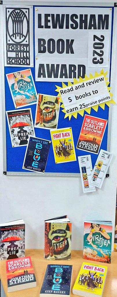 We're launching the Lewisham Book Award 2023 titles with @Forest_HillSch Yr7 & 8: Tyger @whatSFSaid Supreme Lie @GMcCaughrean Fight Back @a_reflective Outlaws @JonathanAStroud When I See Blue @LilyBaileyUK Girl from the Sea @MollyOstertag Wish we'd more copies to satisfy demand!