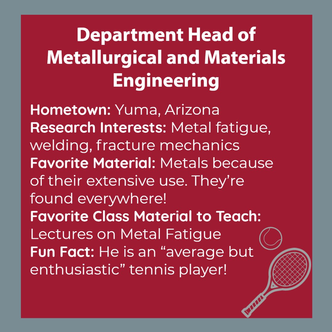 BamaMetallurgy's tweet image. We&apos;re back this semester with faculty spotlights. Who better to start with than our own Department Head, Dr. Steve Daniewicz?
Let us know below what faculty you&apos;d like to be featured on our page this semester!

#RollMTE #yaymetallurgy #bamaengineering #gobama #wherelegendsaremade