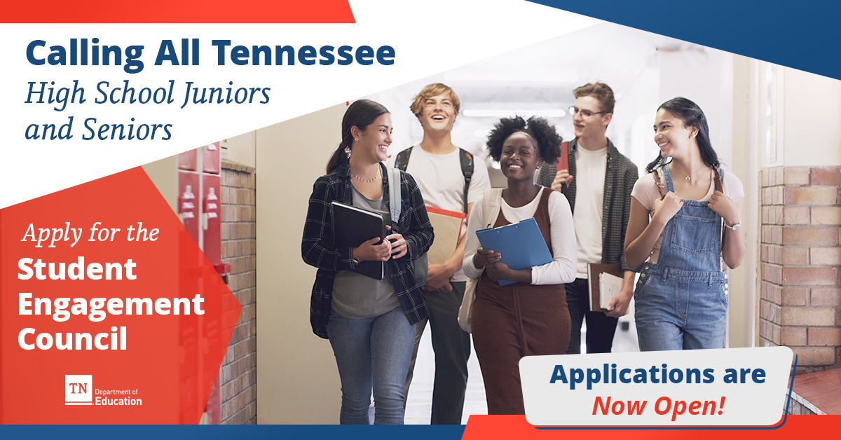 High school juniors &amp; seniors with an interest in K-12 education are encouraged to apply for the TDOE Student Engagement Council. Applications close THIS Friday at 5 p.m. Click here to learn more and access the application: bit.ly/TDOEstudentcou…