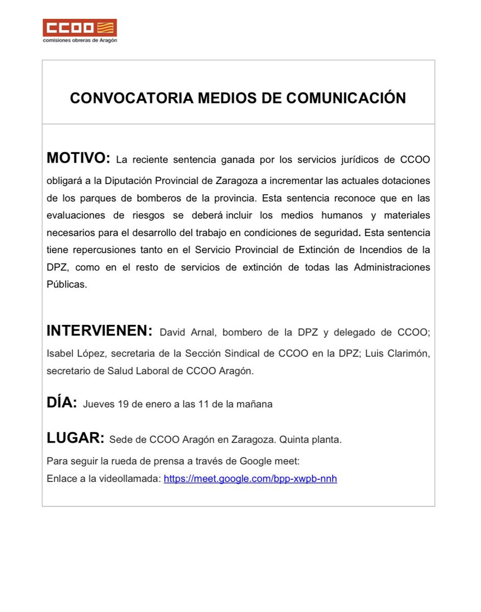 BomberosCCOO's tweet photo. CCOO Logra otra sentencia inédita y única en el establecimiento de dotaciones mínimas en los parques de Bomberos q afectará a toda España en cumplimiento a la Ley de Prevención 31/1995. Lo explicaremos en rueda de prensa  #LPRL #Bomberos #CCOO #Zaragoza https://t.co/RTYEYe5Bc0