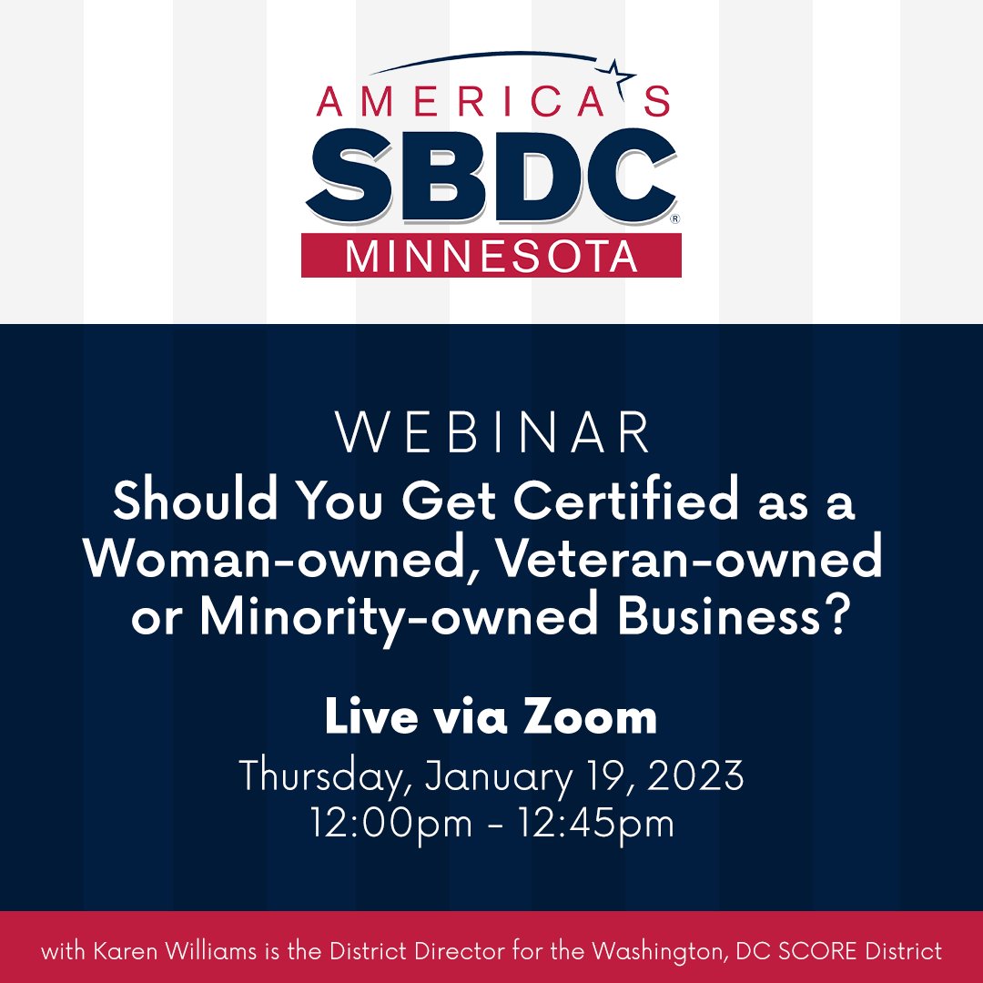 This SCORE is hosted webinar is perfect if you're seeking new opportunities to grow your business and/or potentially pursuing certification for your business. 

Thursday, January 19 at 12:00 PM. Register for free today! ➡️ bit.ly/3IYjVMR