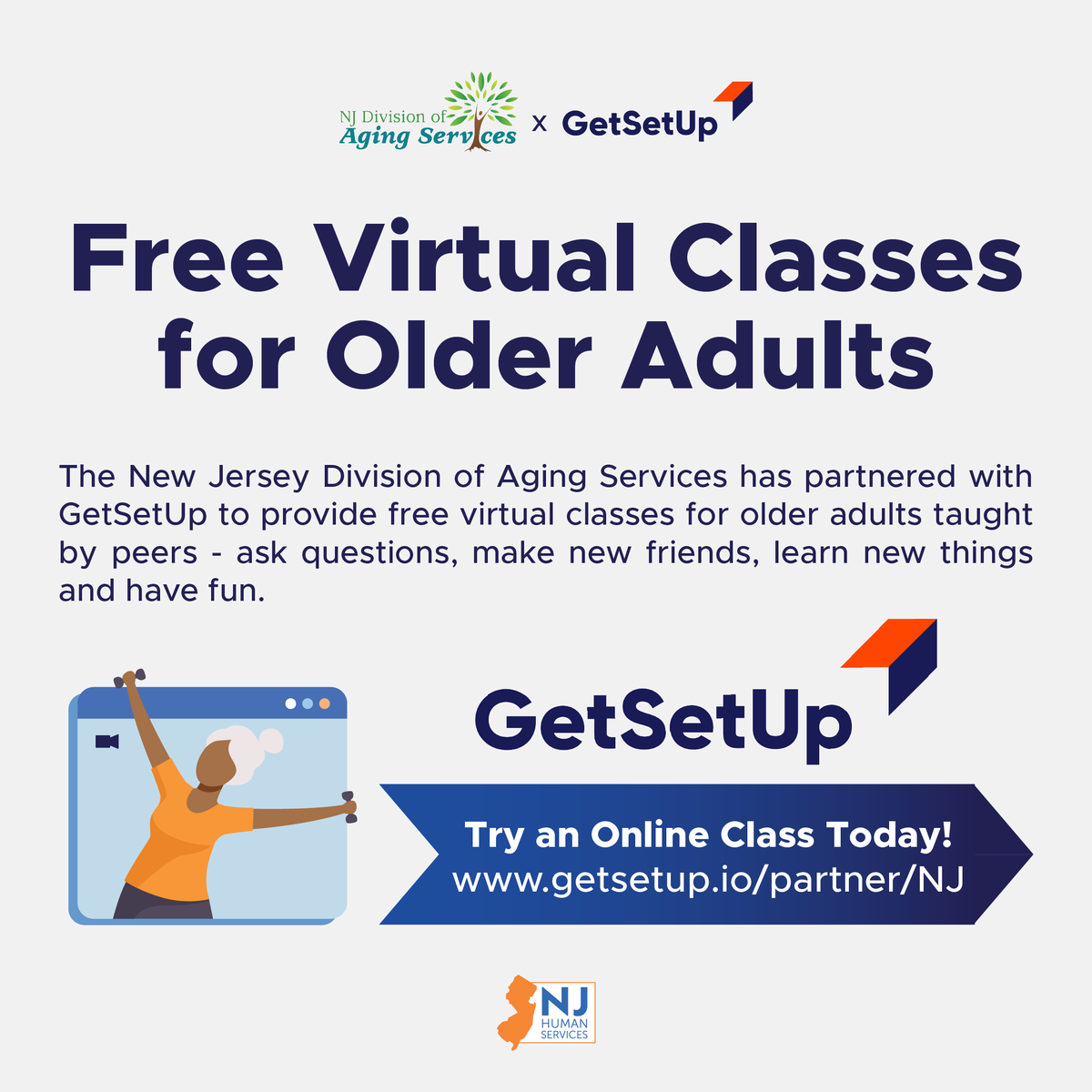 NJDHS's tweet photo. .@NJDHS has partnered with #GetSetUp to provide free online classes to NJ residents over 60. There are hundreds of classes to choose from, &amp; classes are available in multiple languages. Learn a new skill, meet new people and stay connected! 
Try it today: https://t.co/GtFWpwOFjY https://t.co/qO51kMKyaj