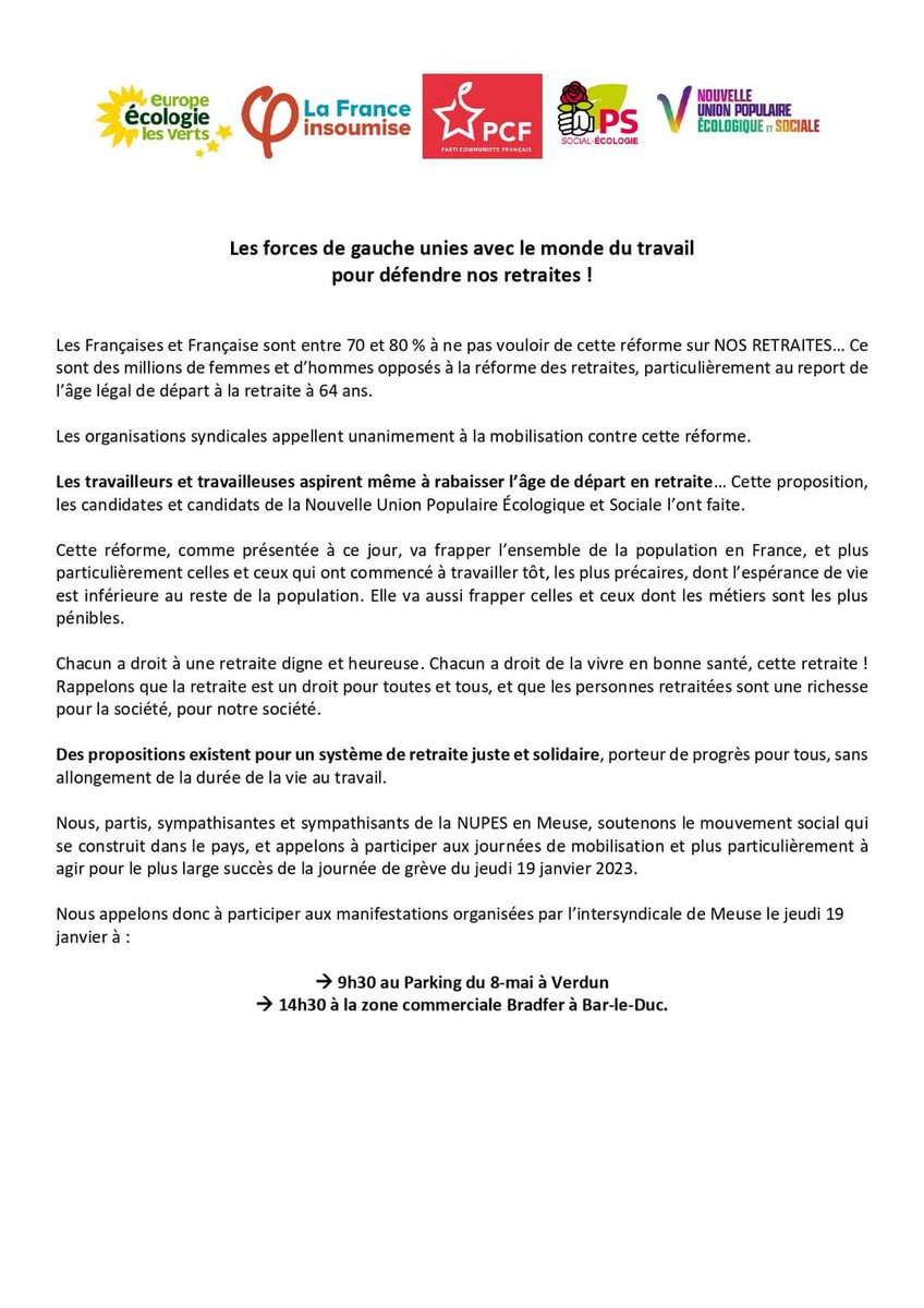 Toutes et tous mobilisés demain pour nos retraites !
Manifestations à Verdun et Bar le Duc ...
Le PCF de la Meuse totalement solidaire avec les organisations syndicales du département.
#meuse 
#greve19janvier 
#PCF
