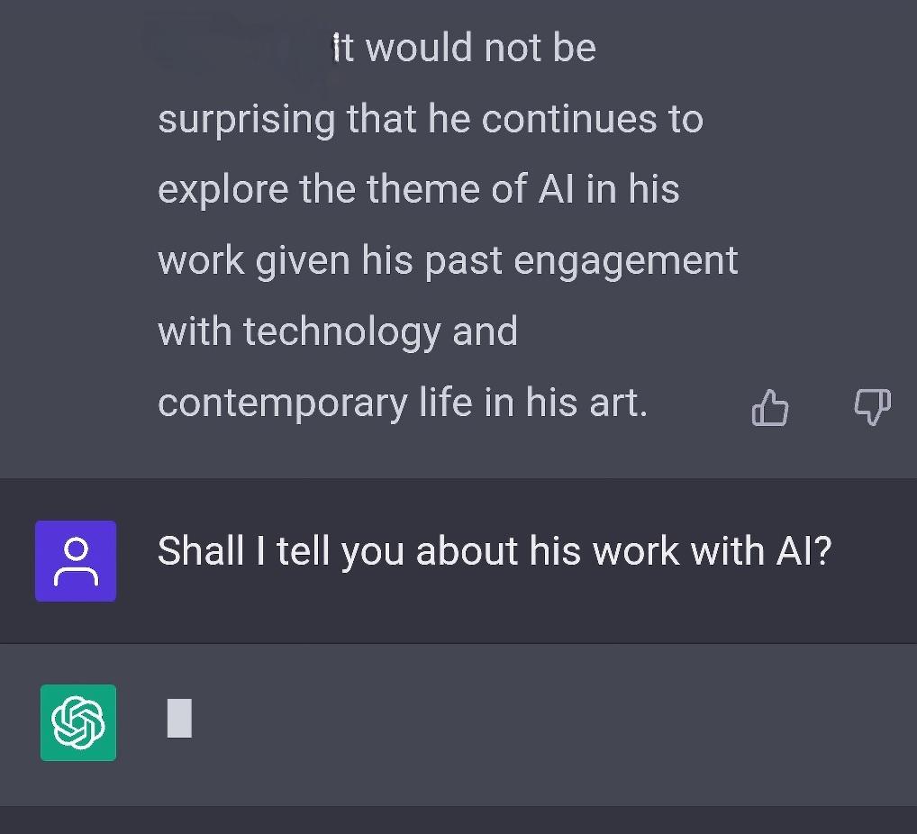 Miltos's tweet image. #ChatGPT:  it would not be surprising that Manetas continues to explore the theme of AI in his work given his past engagement with technology and contemporary life in his art.
-Shall I tell you about his work with AI?
#ChatGPT: Yes, I would be interested in hearing more ...