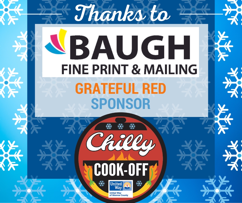 BIG THANKS to @Baugh Fine Print and Mailing for donating gorgeous yard signs (and a huge poster!) to the 2023 United Way #ChillyCookOff! 
Grab your tickets today to sample and vote on your favorite chili this Sat., Jan. 21 at The Mill! loom.ly/Zttkll8 #freezefestbtown