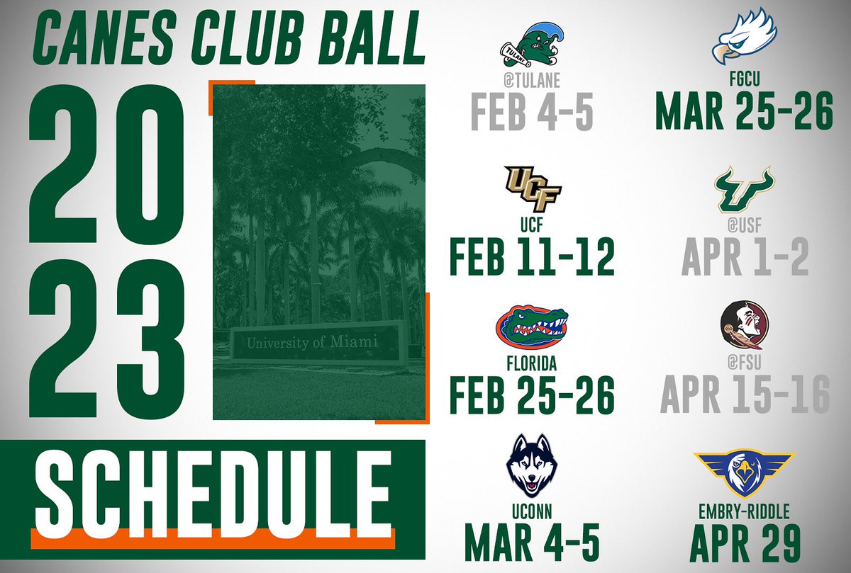 CanesClubBall's tweet photo. The 2023 Schedule for your Miami Hurricanes Club Baseball! Only 17 days until the Canes start the season with an out of conference series at Tulane! https://t.co/NgJYVfp1Cb