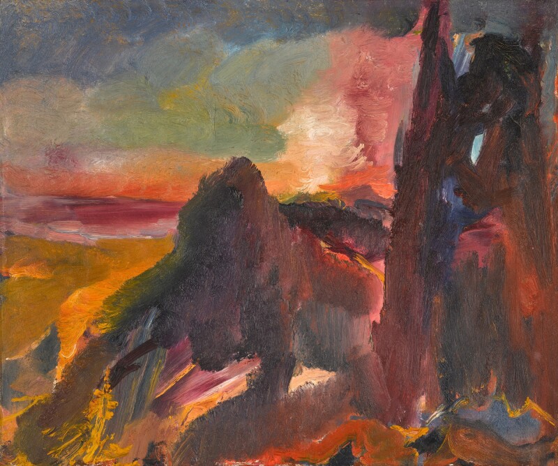 David Bomberg visited Cyprus in 1946 and was drawn in particular to the ruined fortress perched on top of  Mount St Hilarion. This work, painted at sunset, depicts the rocky outcrops of the mountain's peak dropping away to the valley floor and the Mediterranean sea beyond.