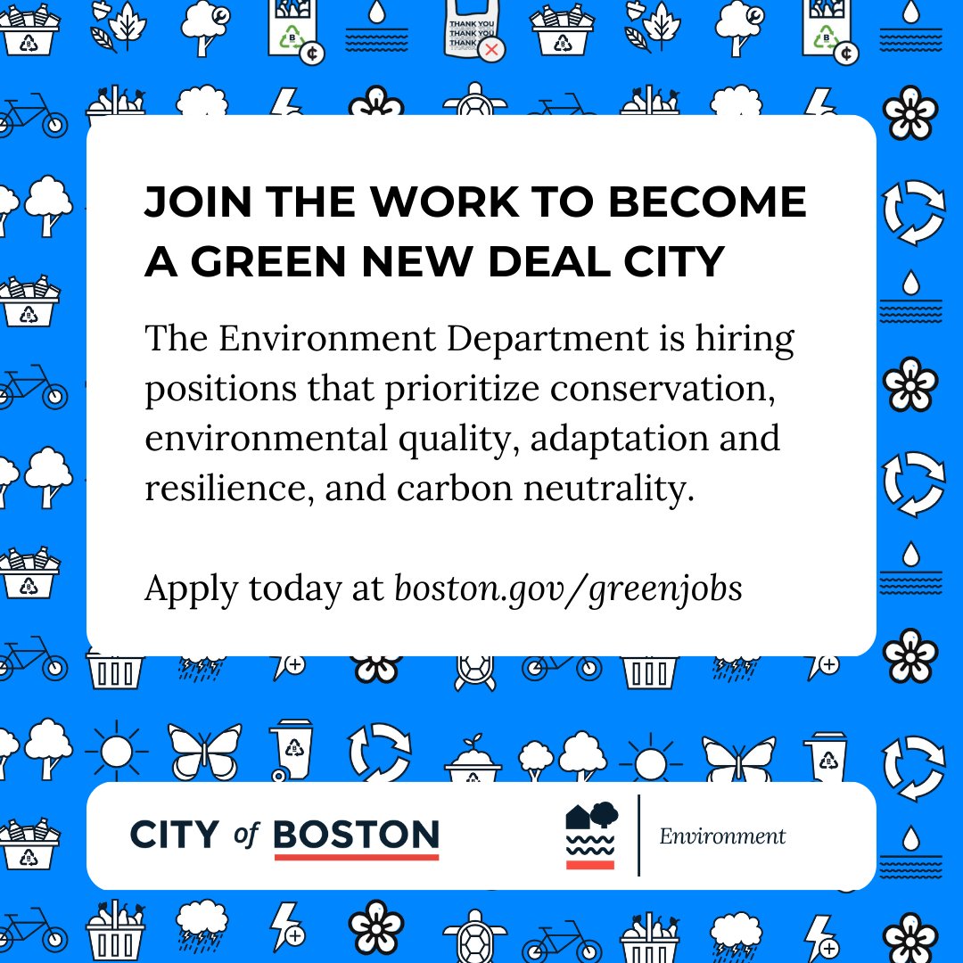 BostonEnviro's tweet photo. We're hiring! Join the work to become a #GreenNewDeal city.

Open positions⬇️
✍️Executive Director Conservation Commission
✍️Director of Environmental Quality
✍️Climate Environmental Planning Project Manager 
✍️Director of Climate Resilience &amp; Adaptation

https://t.co/DqsQKPb6F4 https://t.co/CIdj6IOg3p