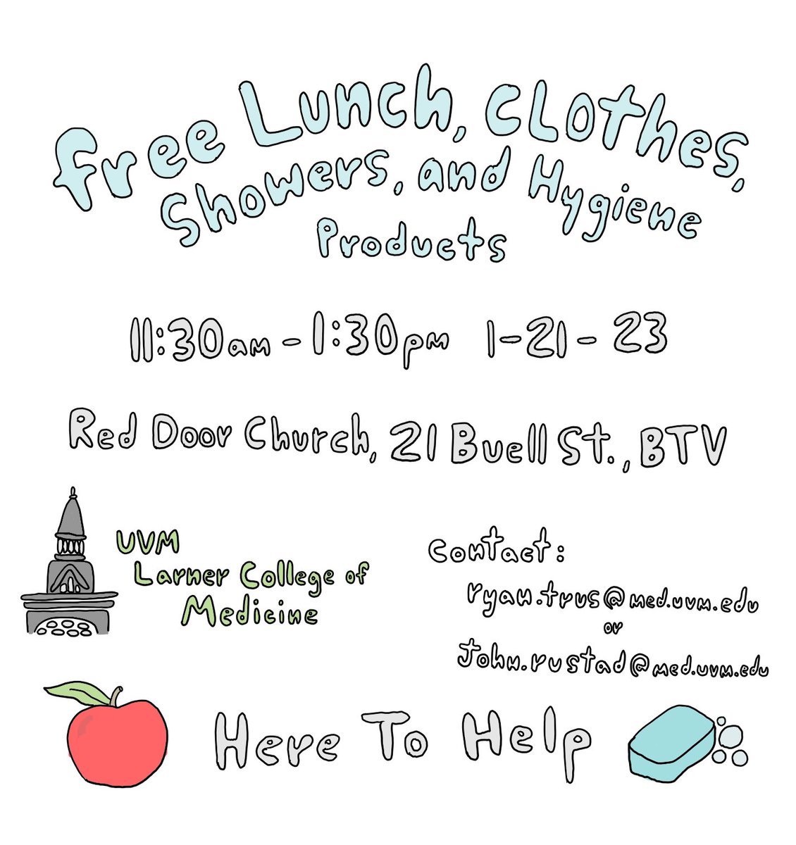HowardCenterVT's tweet image. Here to Help is a monthly assistance program that offers free winter clothing, showers, haircuts, and food for those in need. The next session is Sat, Jan 21, 11:30am-1:30pm at Red Door Church (21 Buell St). Adults and children are welcome. #CommunityAssistance #helpishere