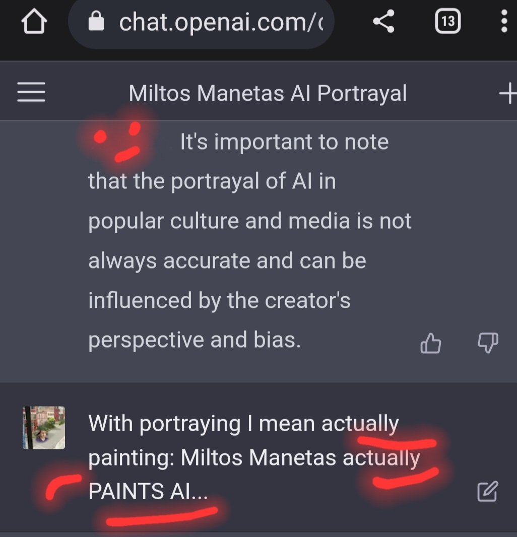 Miltos's tweet image. ChatGPT: It's important to note that the portrayal of AI in popular culture and media is not always accurate and can be influenced by the creator's perspective and bias.

- With portraying I mean actually painting: Miltos Manetas actually PAINTS AI...