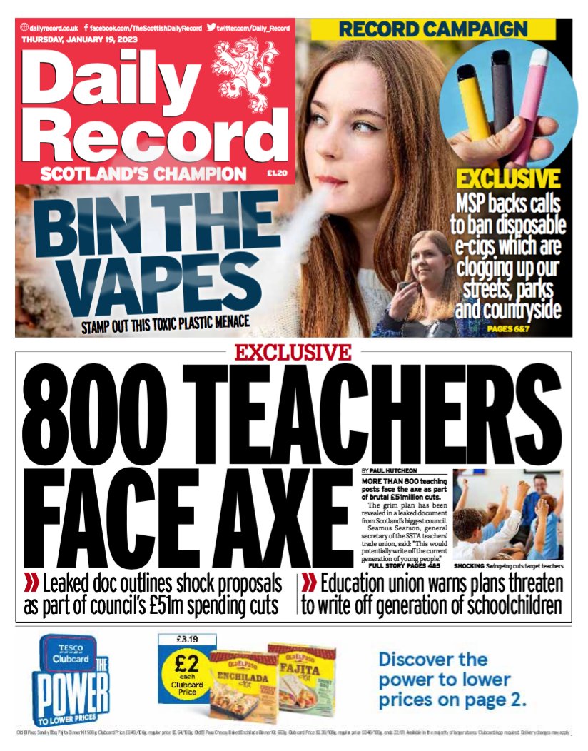Tomorrow's front page leads on more than 800 teaching posts facing the axe as part of brutal £51million cuts.

#scotpapers #TomorrowsPapersToday <a href="/AllieHBNews/">Allie Hodgkins-Brown</a>