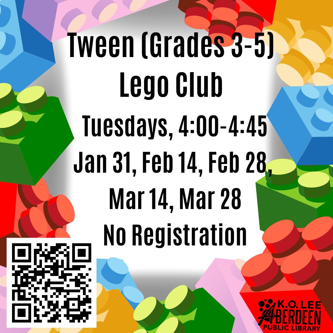 AberdeenPubLib's tweet photo. LEGO CLUB!  Mark your calendars!

Get creative at STEAM Club!  No registration required! Just fun!

#legoclub
#librarysteam
#tweenlibraryprograms
#teenlibraryprograms
#koleeaberdeenpubliclibrary https://t.co/ygkvF4IaK2