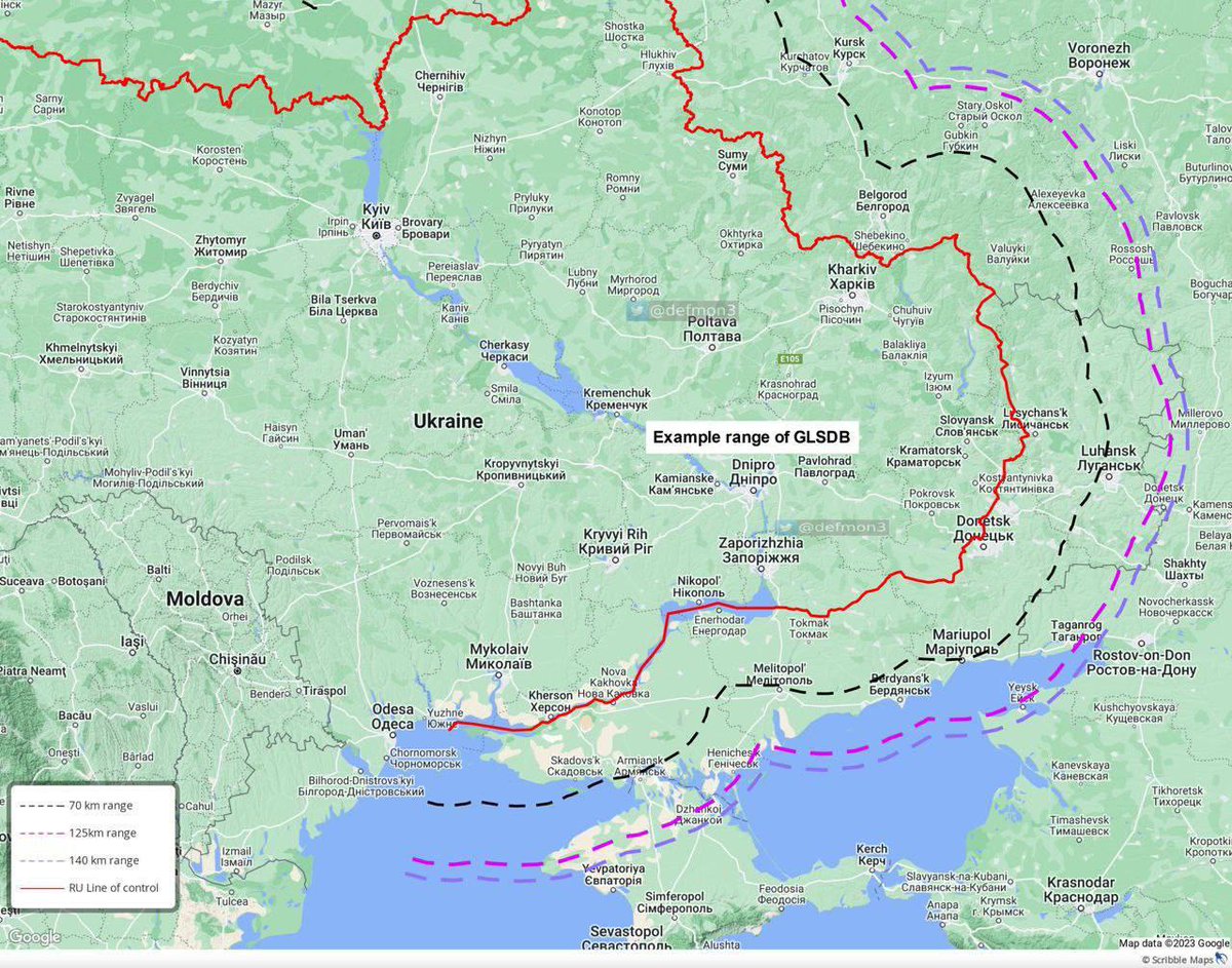 radar_ua's tweet image. Схема зон ураження від OSINT-аналітика @DefMon3, яку покривають ракети #GLSDB.

▪️червоні позначки — лінія фронту;
▪️чорні — 70 км від неї;
▪️фіолетові — понад 125 км відповідно. 

Після отримання ракет GLSDB, ситуація на фронті непогано зміниться.